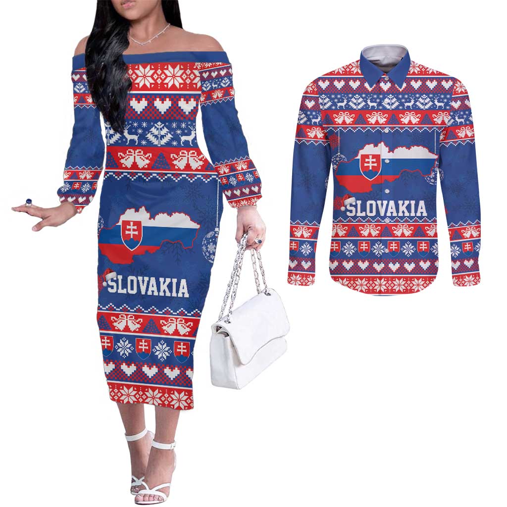Slovakia Christmas Couples Matching Off The Shoulder Long Sleeve Dress and Long Sleeve Button Shirt Slovakian Double Cross Map - Wonder Print Shop
