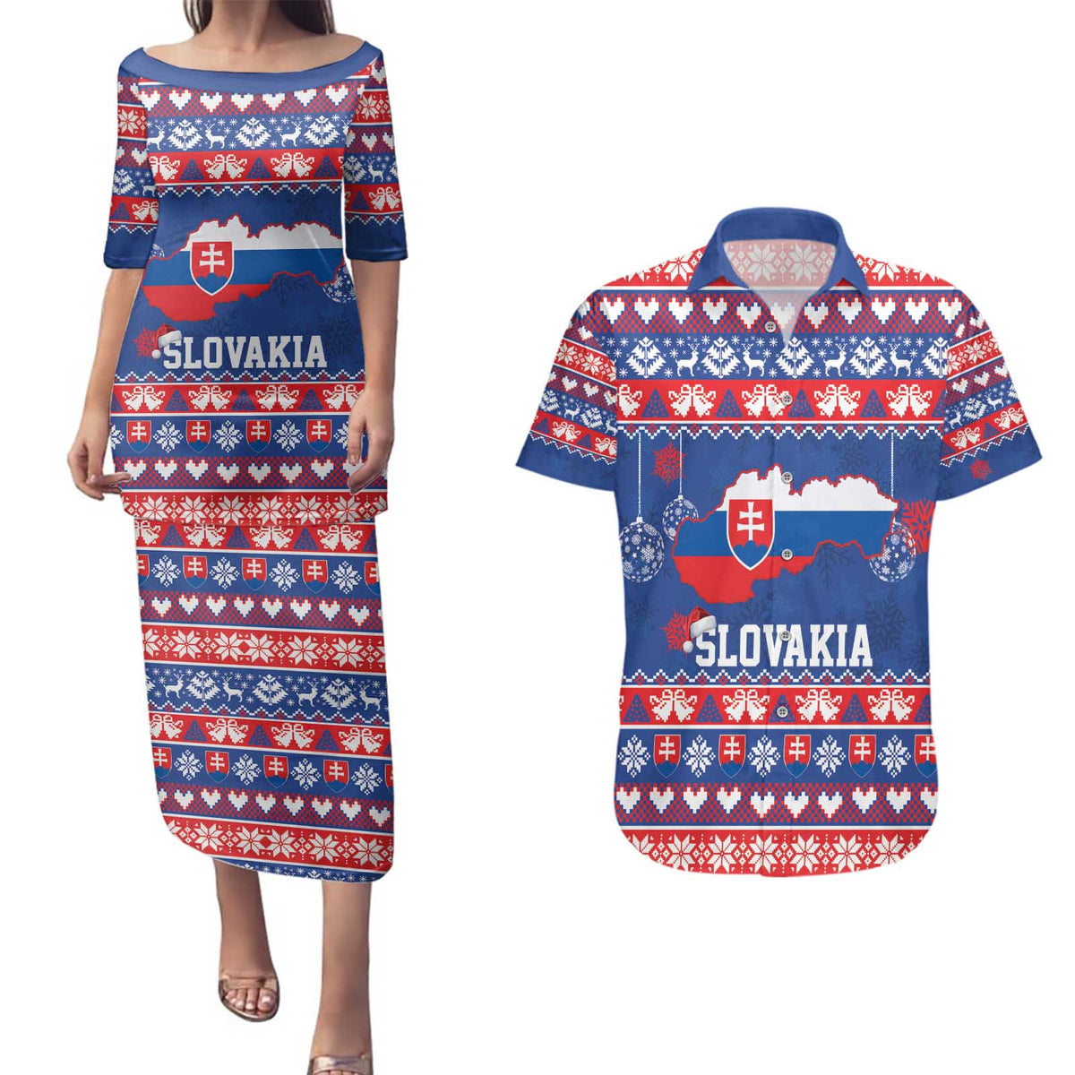 Slovakia Christmas Couples Matching Puletasi and Hawaiian Shirt Slovakian Double Cross Map - Wonder Print Shop