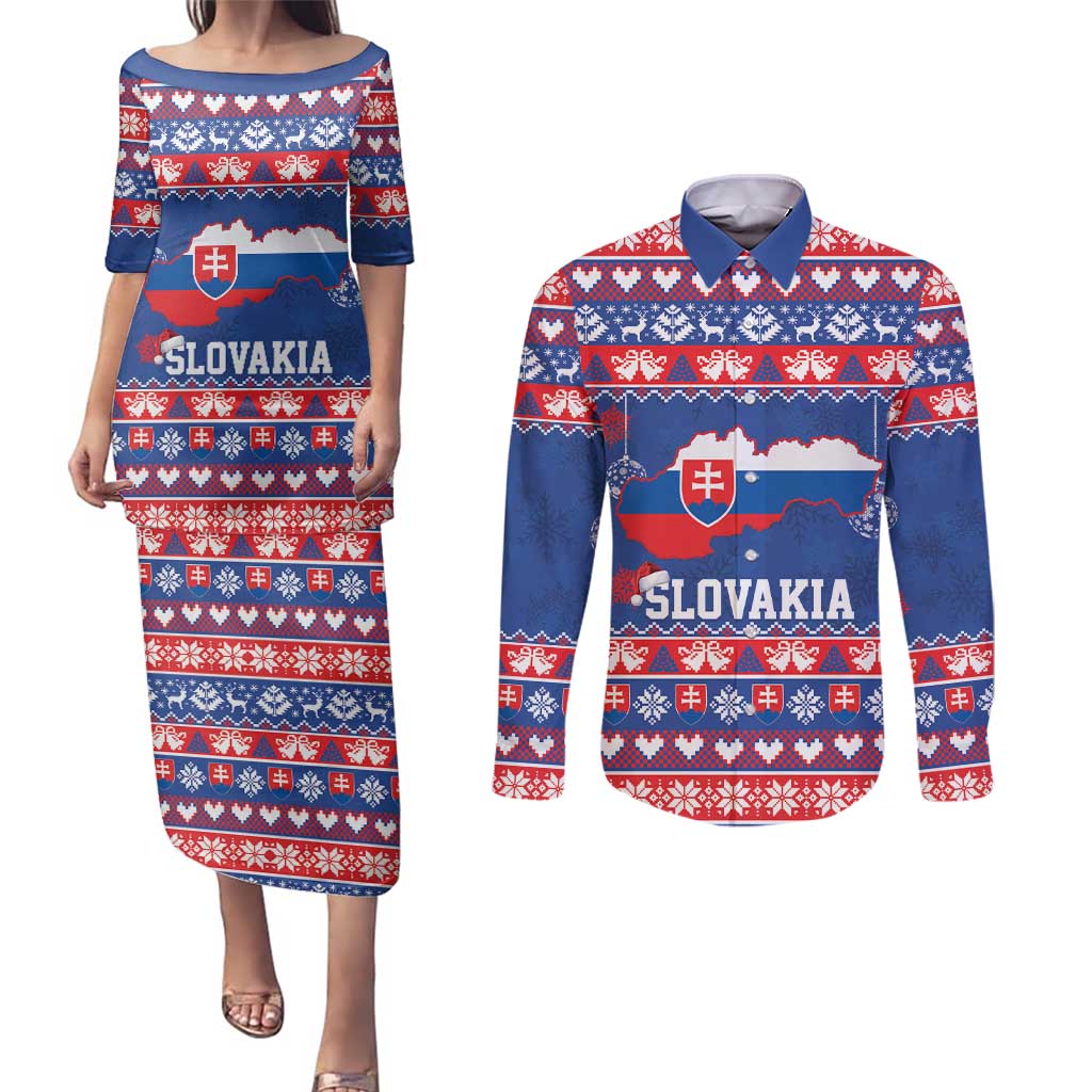 Slovakia Christmas Couples Matching Puletasi and Long Sleeve Button Shirt Slovakian Double Cross Map - Wonder Print Shop