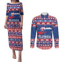 Slovakia Christmas Couples Matching Puletasi and Long Sleeve Button Shirt Slovakian Double Cross Map - Wonder Print Shop