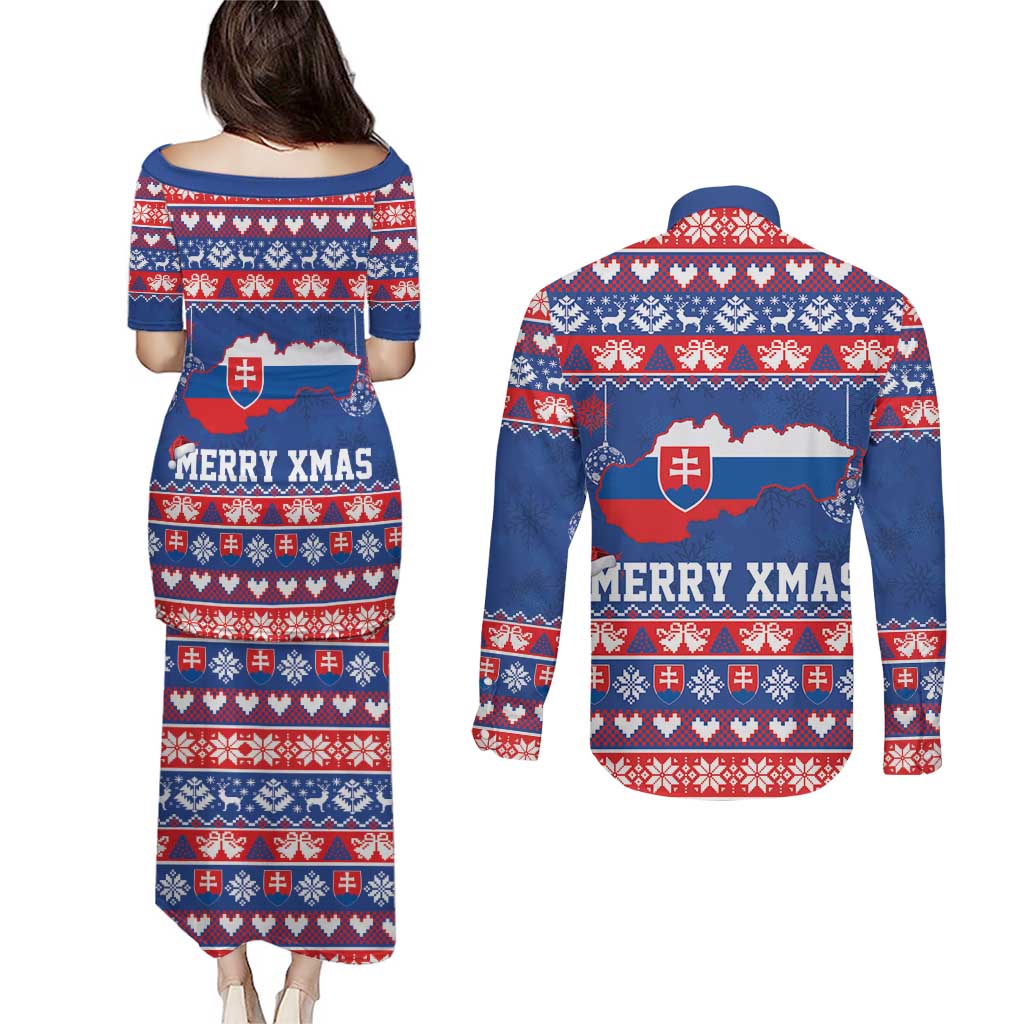 Slovakia Christmas Couples Matching Puletasi and Long Sleeve Button Shirt Slovakian Double Cross Map - Wonder Print Shop