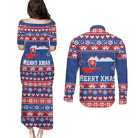 Slovakia Christmas Couples Matching Puletasi and Long Sleeve Button Shirt Slovakian Double Cross Map - Wonder Print Shop