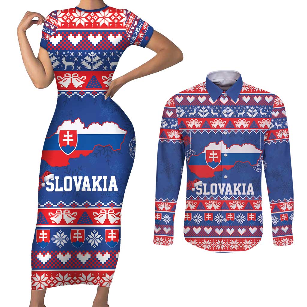 Slovakia Christmas Couples Matching Short Sleeve Bodycon Dress and Long Sleeve Button Shirt Slovakian Double Cross Map - Wonder Print Shop