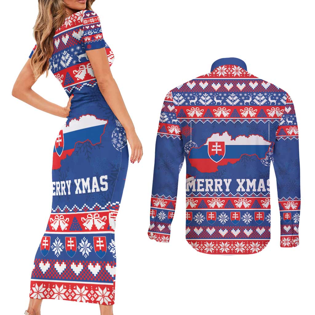 Slovakia Christmas Couples Matching Short Sleeve Bodycon Dress and Long Sleeve Button Shirt Slovakian Double Cross Map - Wonder Print Shop
