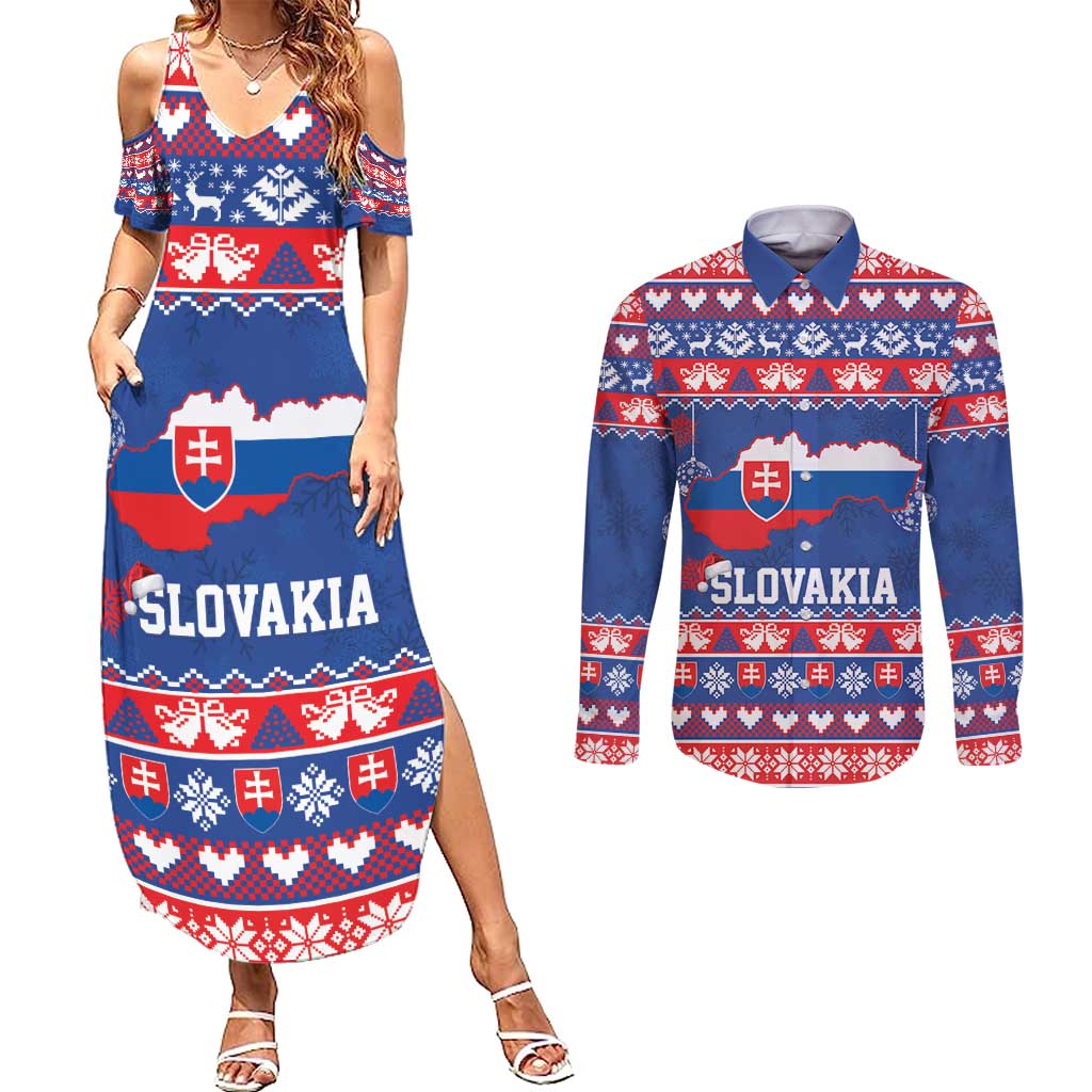 Slovakia Christmas Couples Matching Summer Maxi Dress and Long Sleeve Button Shirt Slovakian Double Cross Map - Wonder Print Shop