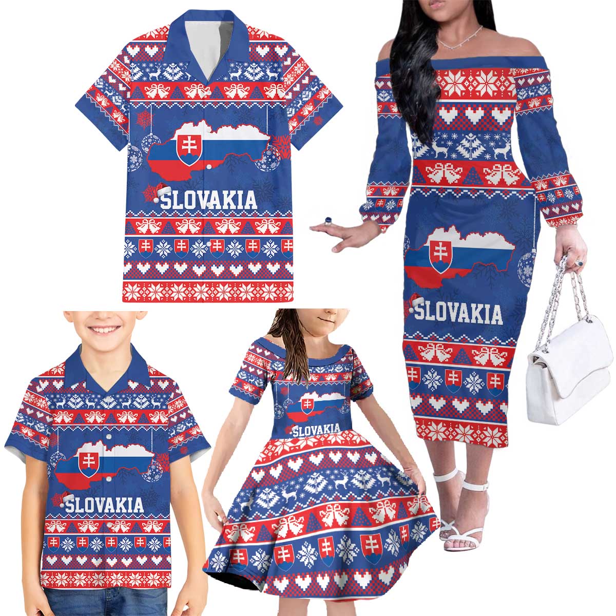 Slovakia Christmas Family Matching Off The Shoulder Long Sleeve Dress and Hawaiian Shirt Slovakian Double Cross Map - Wonder Print Shop