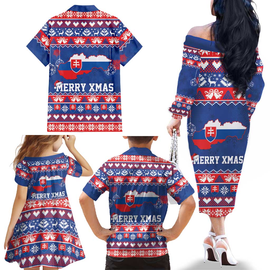Slovakia Christmas Family Matching Off The Shoulder Long Sleeve Dress and Hawaiian Shirt Slovakian Double Cross Map - Wonder Print Shop