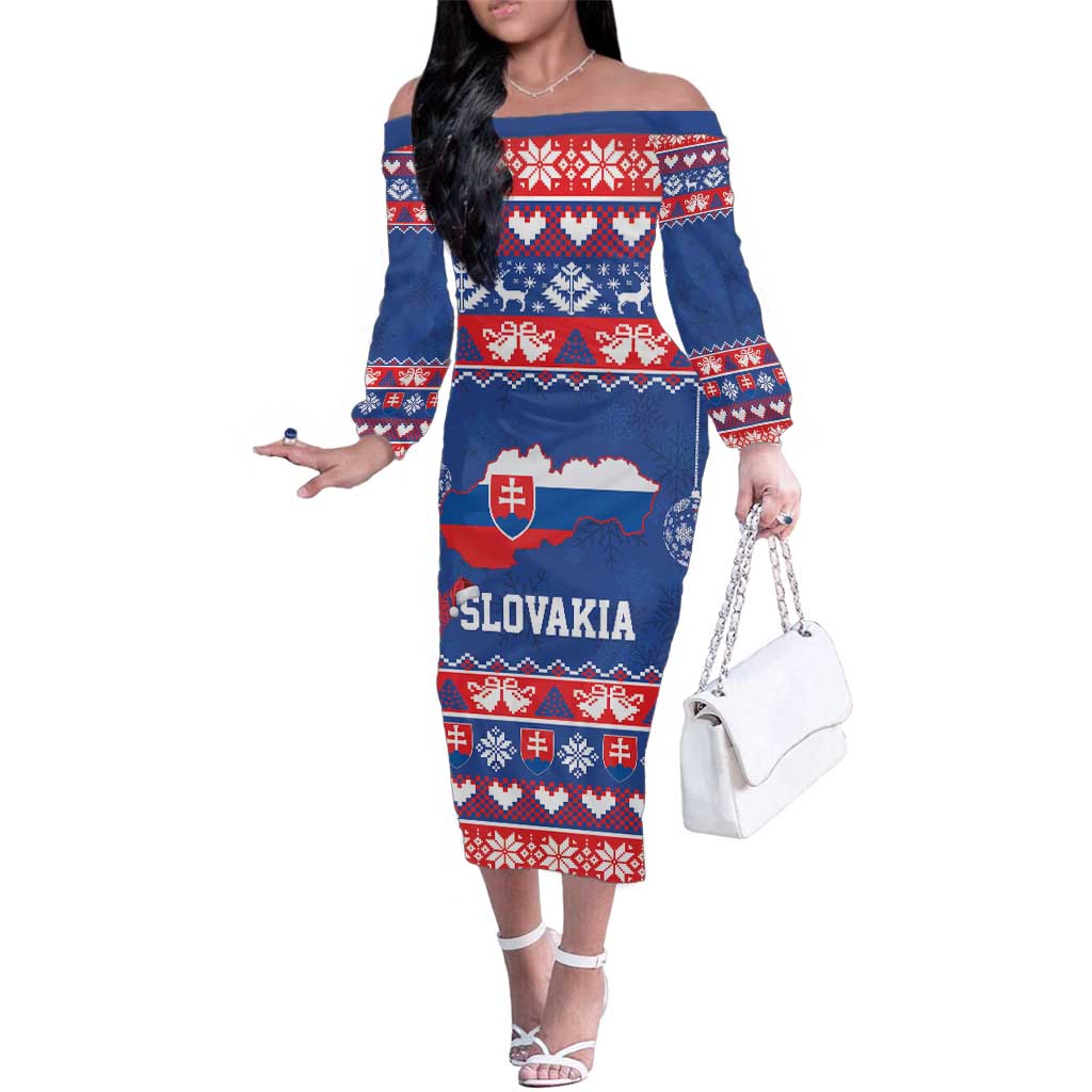 Slovakia Christmas Family Matching Off The Shoulder Long Sleeve Dress and Hawaiian Shirt Slovakian Double Cross Map - Wonder Print Shop