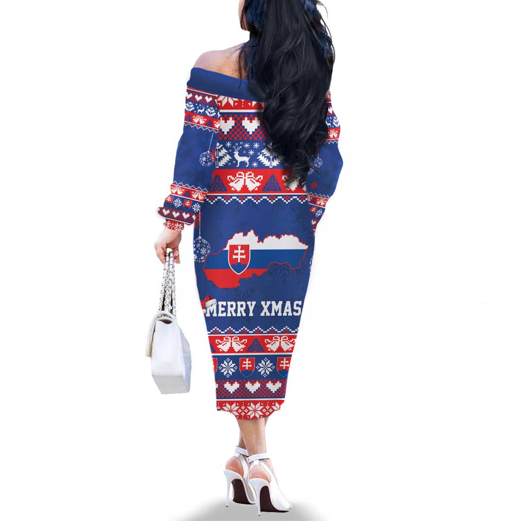 Slovakia Christmas Family Matching Off The Shoulder Long Sleeve Dress and Hawaiian Shirt Slovakian Double Cross Map - Wonder Print Shop