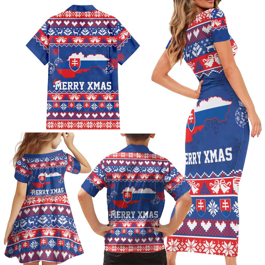 Slovakia Christmas Family Matching Short Sleeve Bodycon Dress and Hawaiian Shirt Slovakian Double Cross Map - Wonder Print Shop