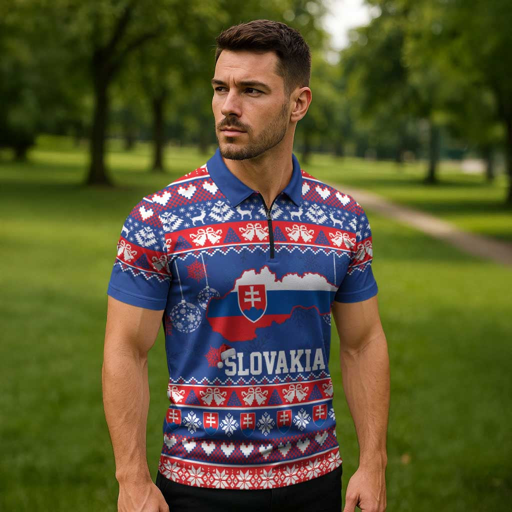 Slovakia Christmas Zipper Polo Shirt Slovakian Double Cross Map - Wonder Print Shop