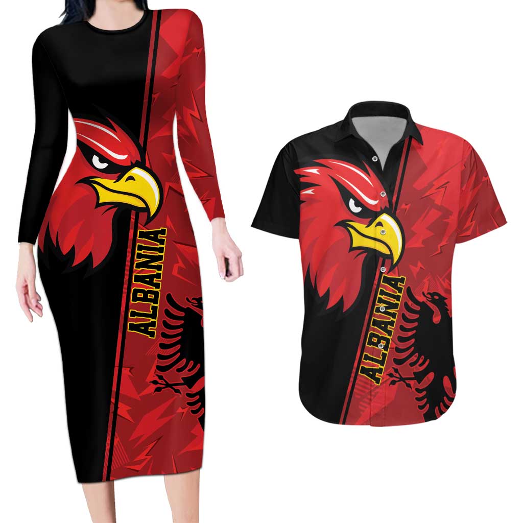 Albania Eagle Couples Matching Long Sleeve Bodycon Dress and Hawaiian Shirt National Emblem Grunge Pattern - Wonder Print Shop