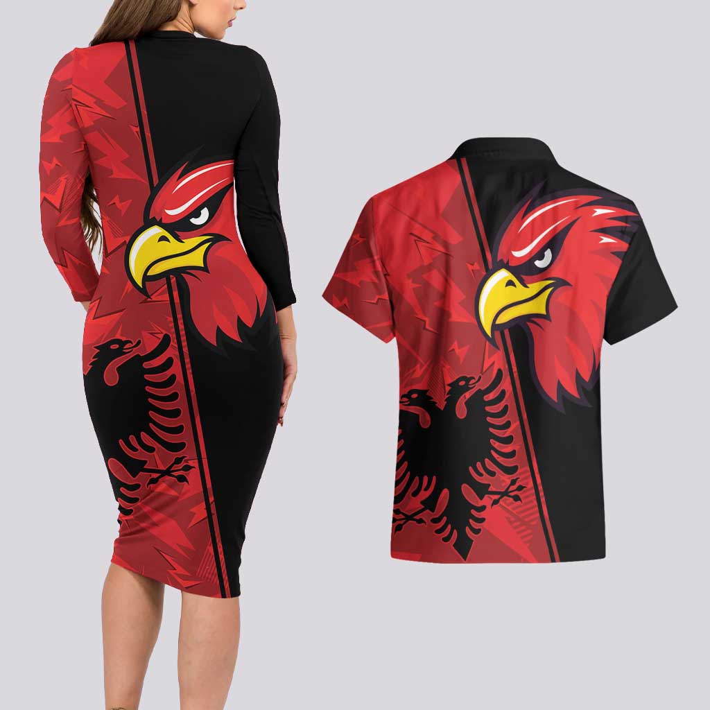 Albania Eagle Couples Matching Long Sleeve Bodycon Dress and Hawaiian Shirt National Emblem Grunge Pattern - Wonder Print Shop