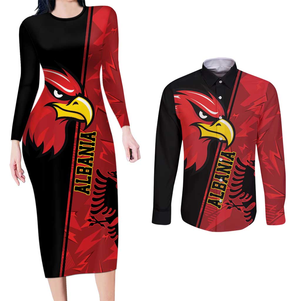 Albania Eagle Couples Matching Long Sleeve Bodycon Dress and Long Sleeve Button Shirt National Emblem Grunge Pattern - Wonder Print Shop