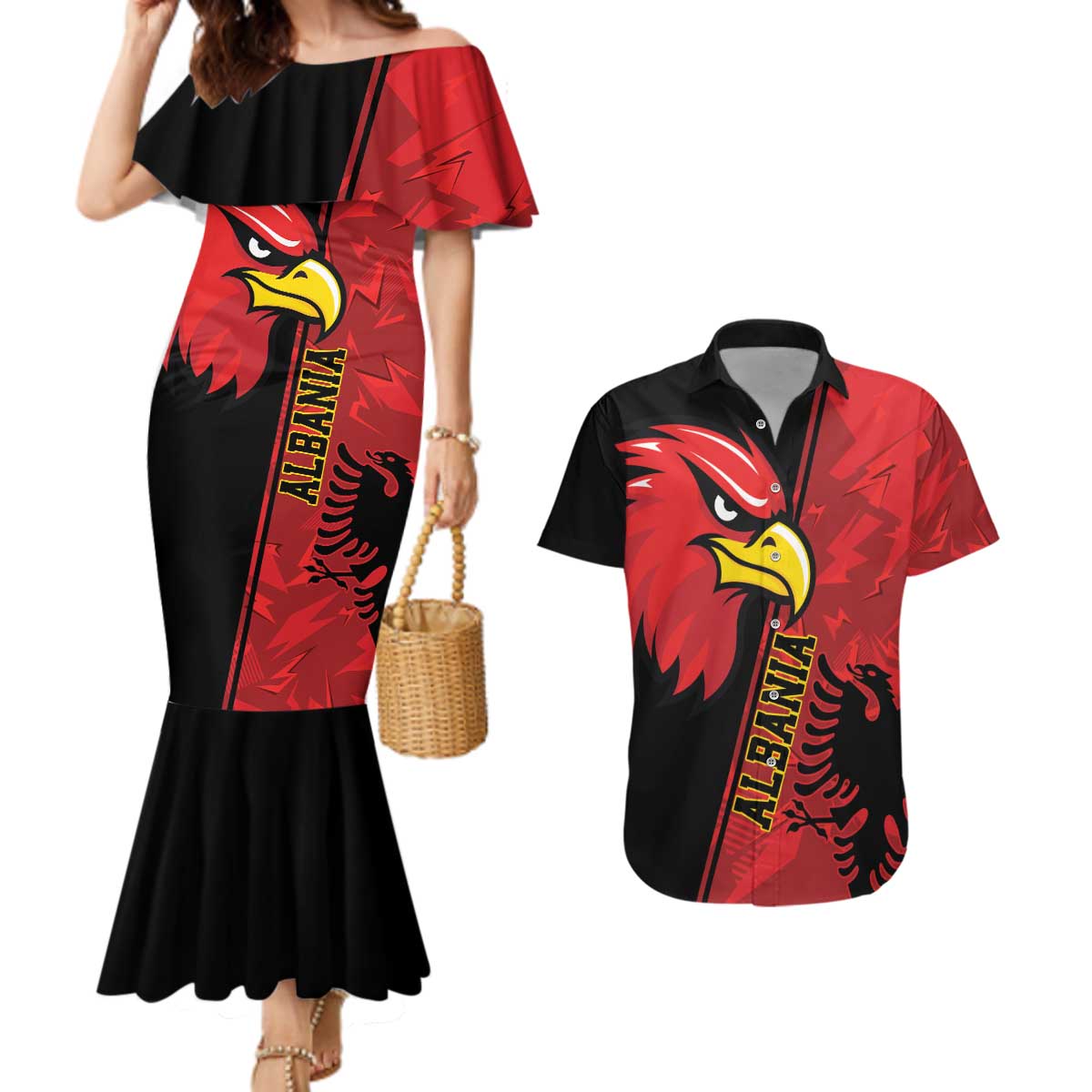 Albania Eagle Couples Matching Mermaid Dress and Hawaiian Shirt National Emblem Grunge Pattern - Wonder Print Shop
