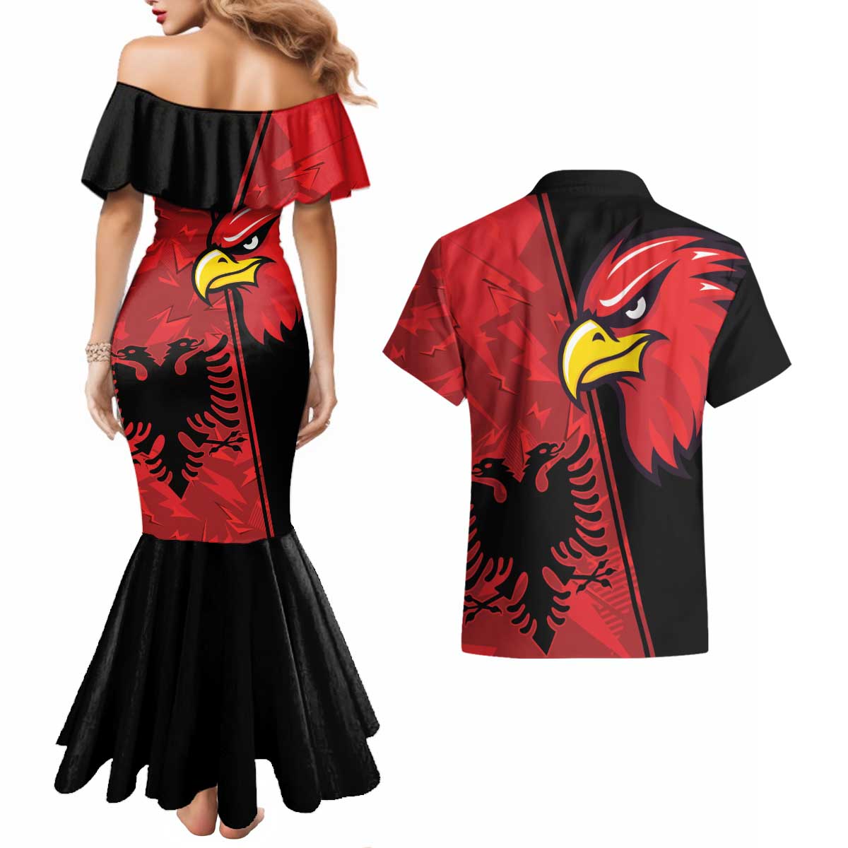 Albania Eagle Couples Matching Mermaid Dress and Hawaiian Shirt National Emblem Grunge Pattern - Wonder Print Shop
