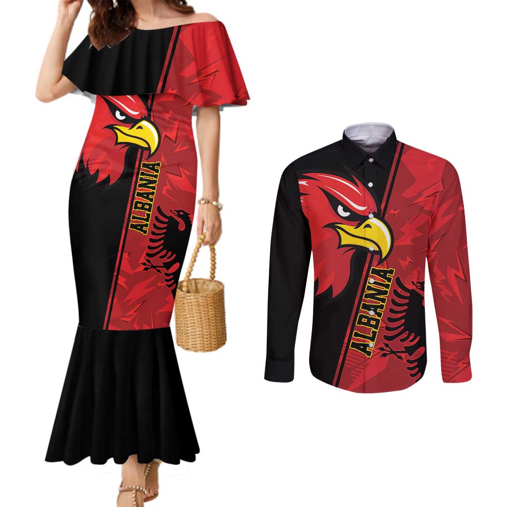 Albania Eagle Couples Matching Mermaid Dress and Long Sleeve Button Shirt National Emblem Grunge Pattern