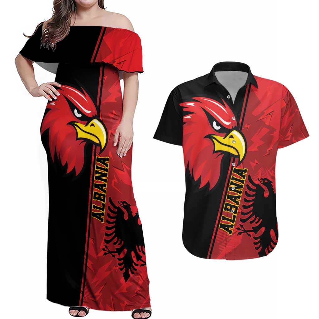 Albania Eagle Couples Matching Off Shoulder Maxi Dress and Hawaiian Shirt National Emblem Grunge Pattern - Wonder Print Shop
