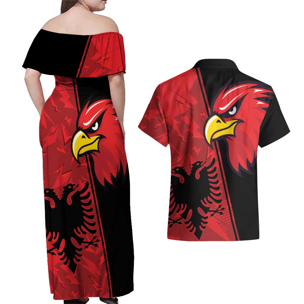 Albania Eagle Couples Matching Off Shoulder Maxi Dress and Hawaiian Shirt National Emblem Grunge Pattern - Wonder Print Shop