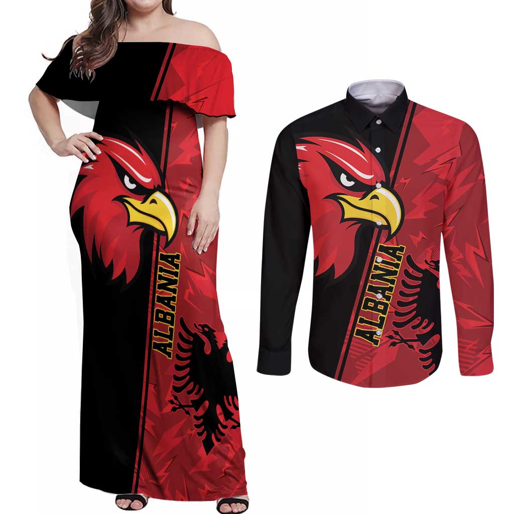 Albania Eagle Couples Matching Off Shoulder Maxi Dress and Long Sleeve Button Shirt National Emblem Grunge Pattern - Wonder Print Shop
