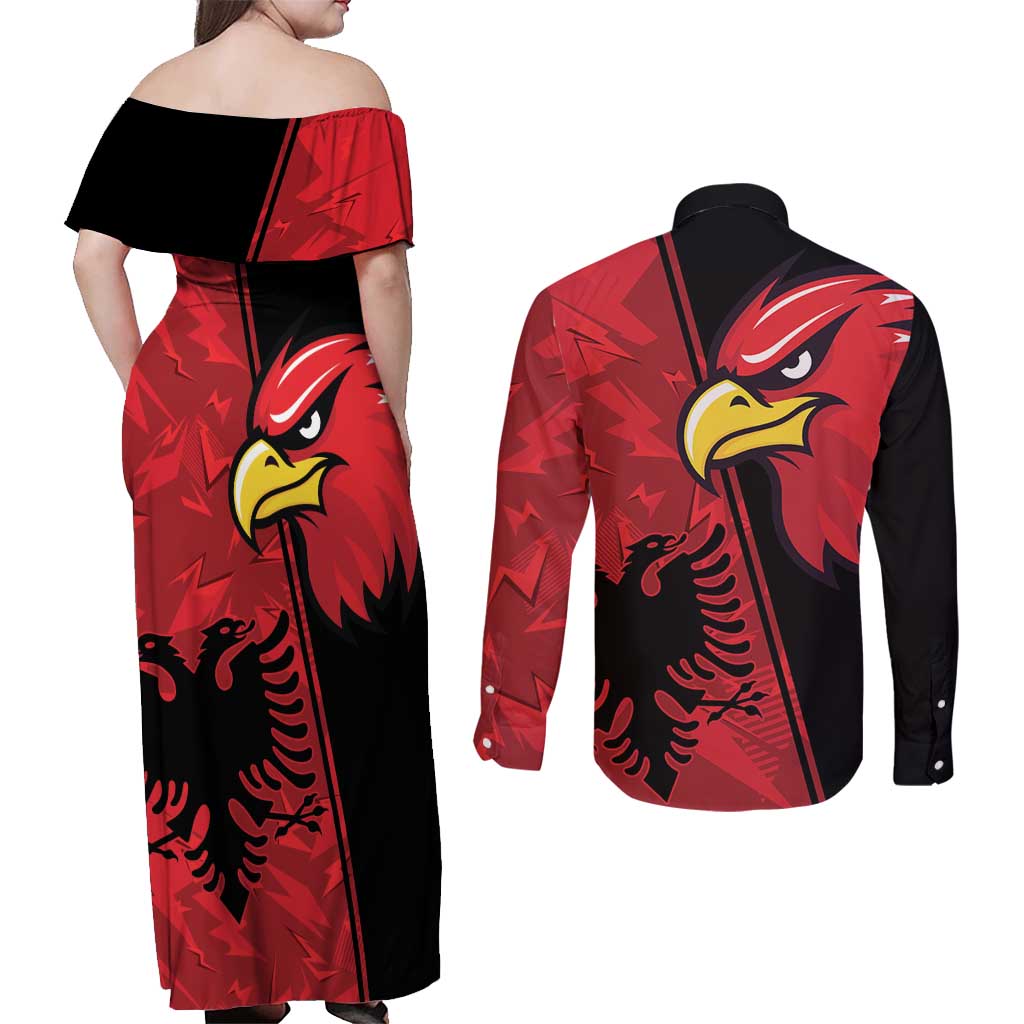 Albania Eagle Couples Matching Off Shoulder Maxi Dress and Long Sleeve Button Shirt National Emblem Grunge Pattern - Wonder Print Shop