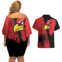 Albania Eagle Couples Matching Off Shoulder Short Dress and Hawaiian Shirt National Emblem Grunge Pattern - Wonder Print Shop
