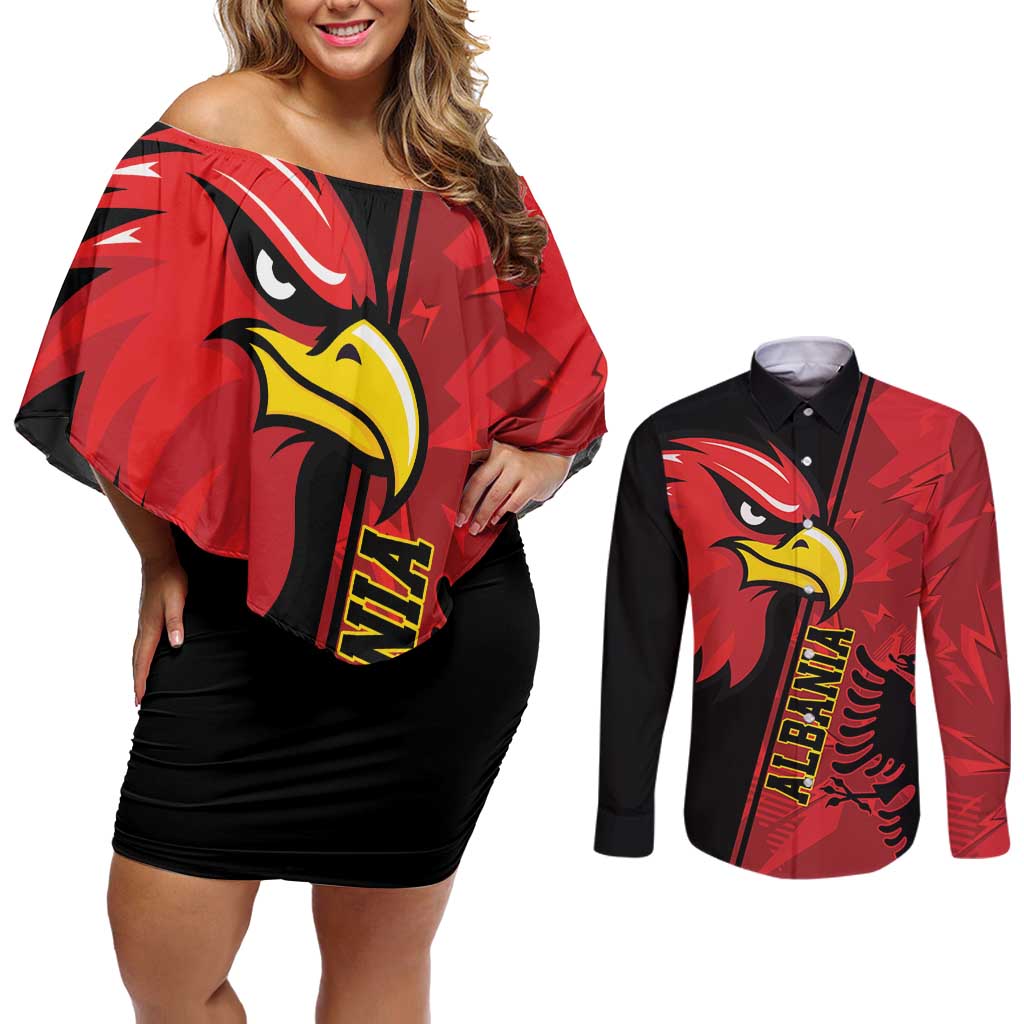 Albania Eagle Couples Matching Off Shoulder Short Dress and Long Sleeve Button Shirt National Emblem Grunge Pattern - Wonder Print Shop