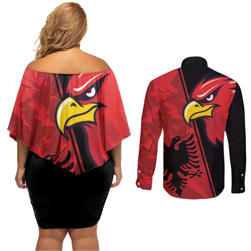Albania Eagle Couples Matching Off Shoulder Short Dress and Long Sleeve Button Shirt National Emblem Grunge Pattern - Wonder Print Shop