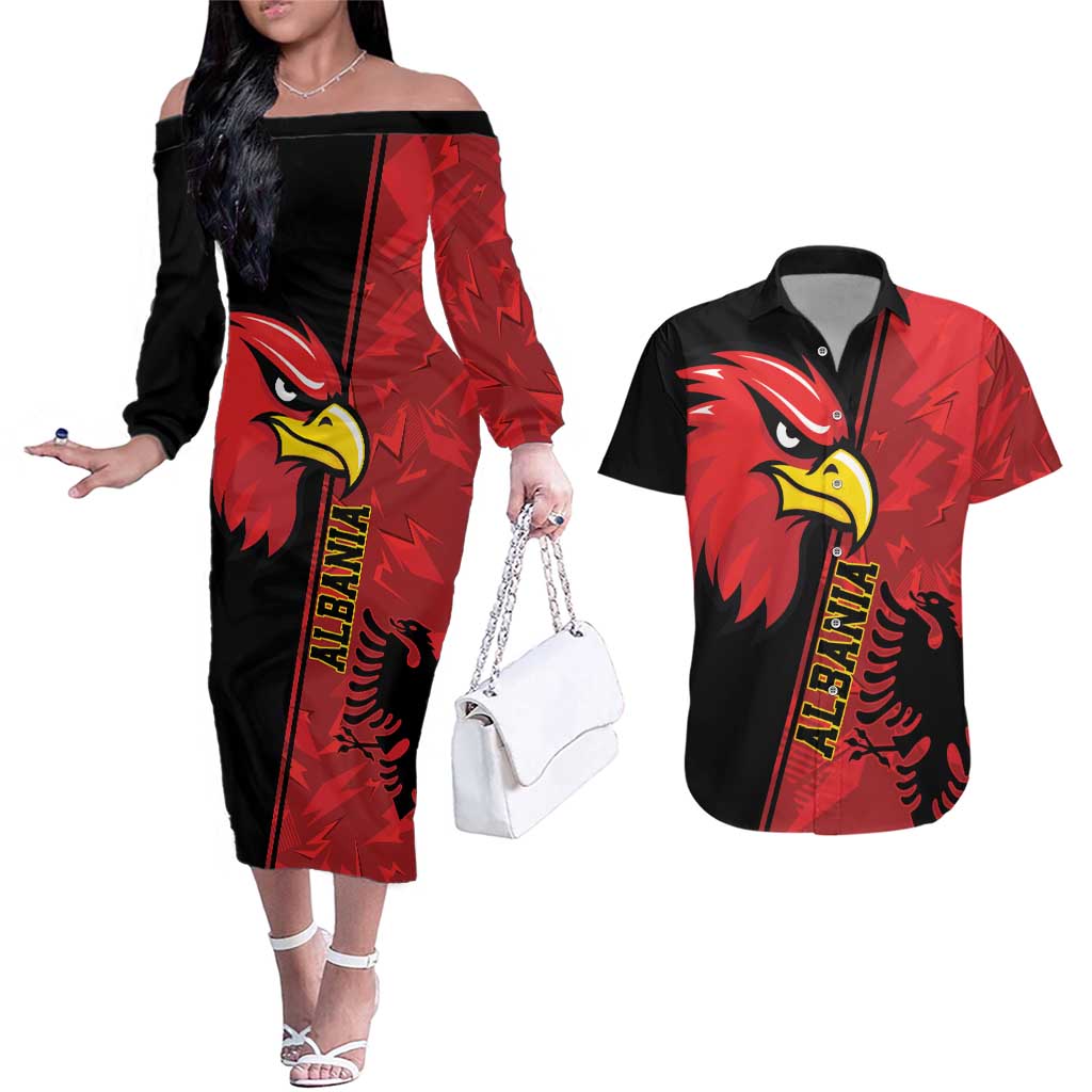 Albania Eagle Couples Matching Off The Shoulder Long Sleeve Dress and Hawaiian Shirt National Emblem Grunge Pattern - Wonder Print Shop