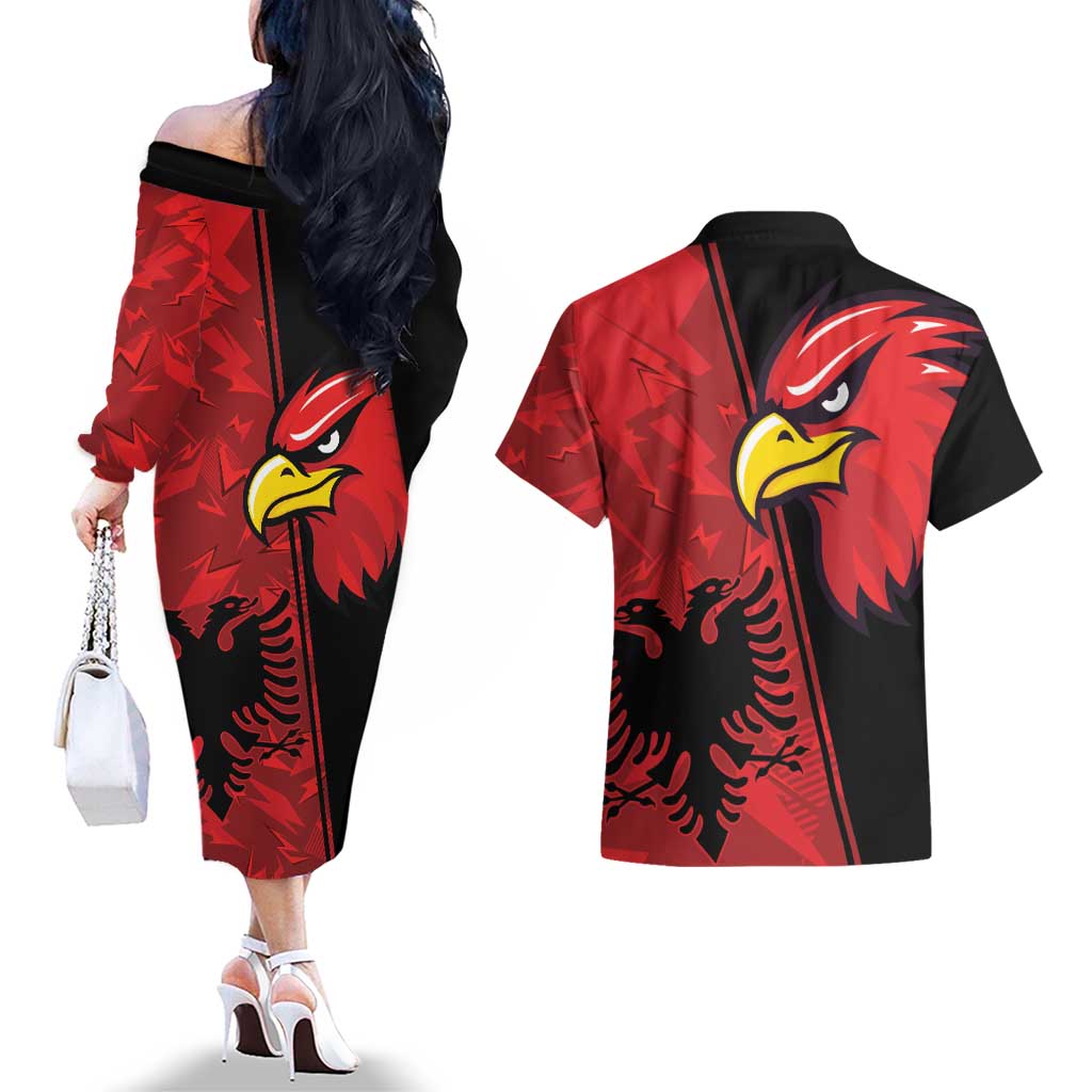 Albania Eagle Couples Matching Off The Shoulder Long Sleeve Dress and Hawaiian Shirt National Emblem Grunge Pattern - Wonder Print Shop