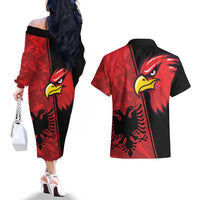 Albania Eagle Couples Matching Off The Shoulder Long Sleeve Dress and Hawaiian Shirt National Emblem Grunge Pattern - Wonder Print Shop