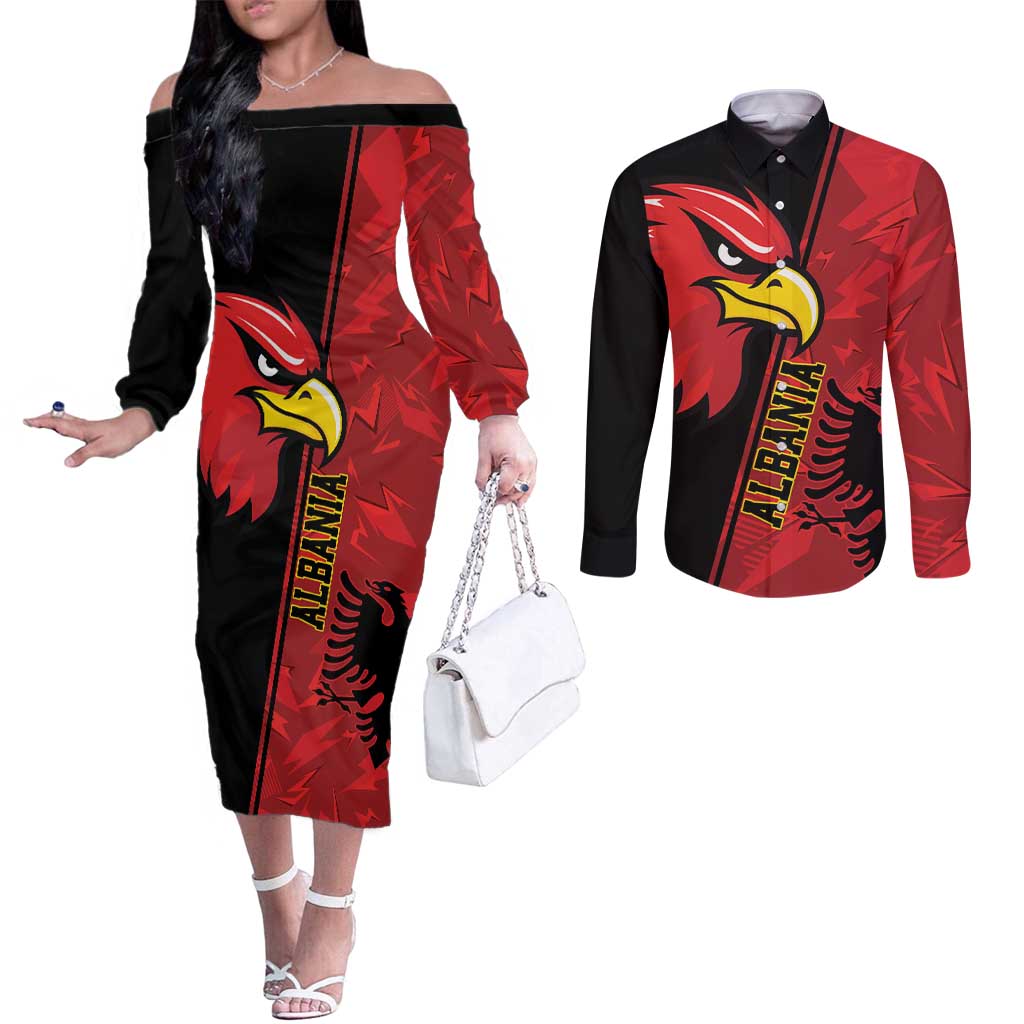 Albania Eagle Couples Matching Off The Shoulder Long Sleeve Dress and Long Sleeve Button Shirt National Emblem Grunge Pattern