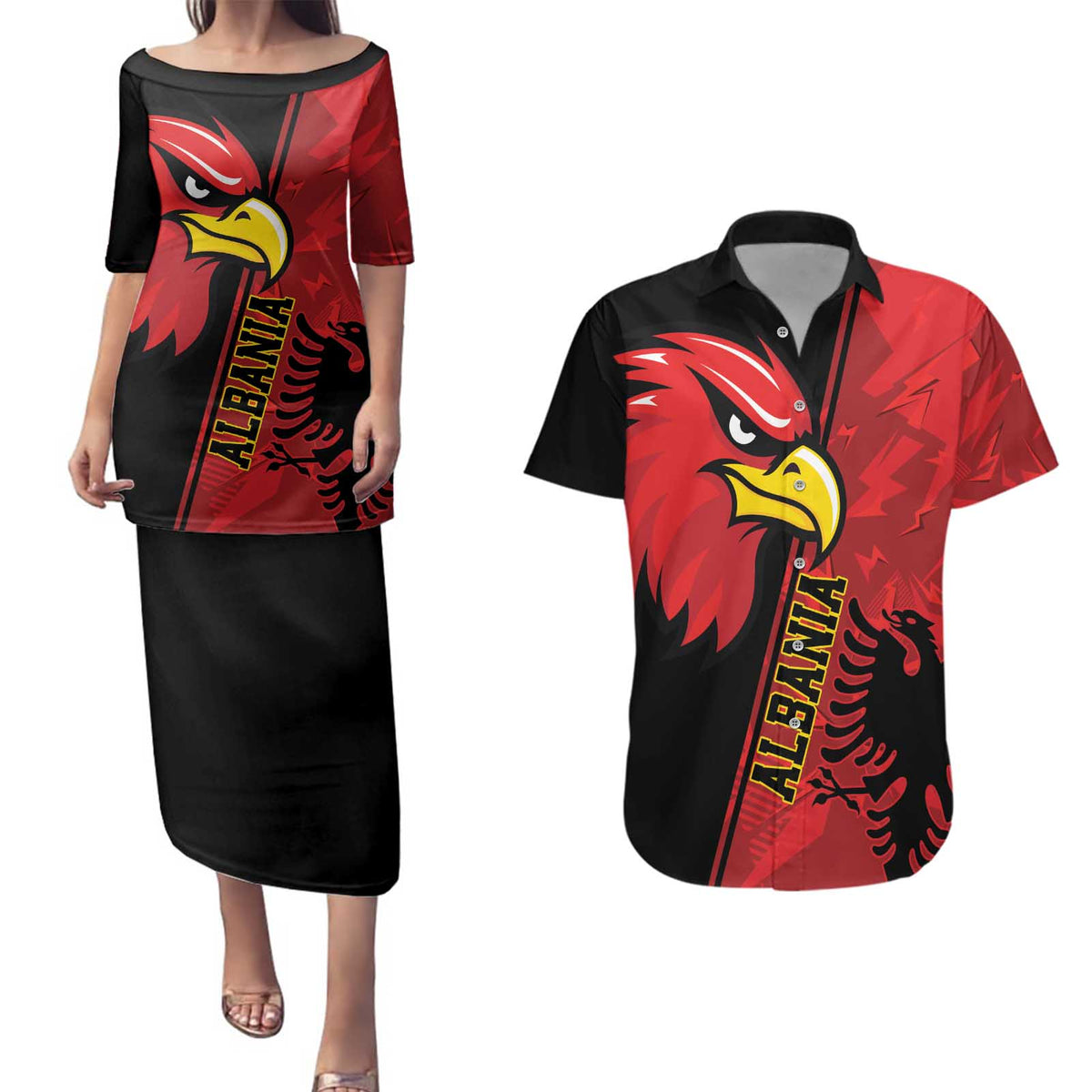 Albania Eagle Couples Matching Puletasi and Hawaiian Shirt National Emblem Grunge Pattern - Wonder Print Shop