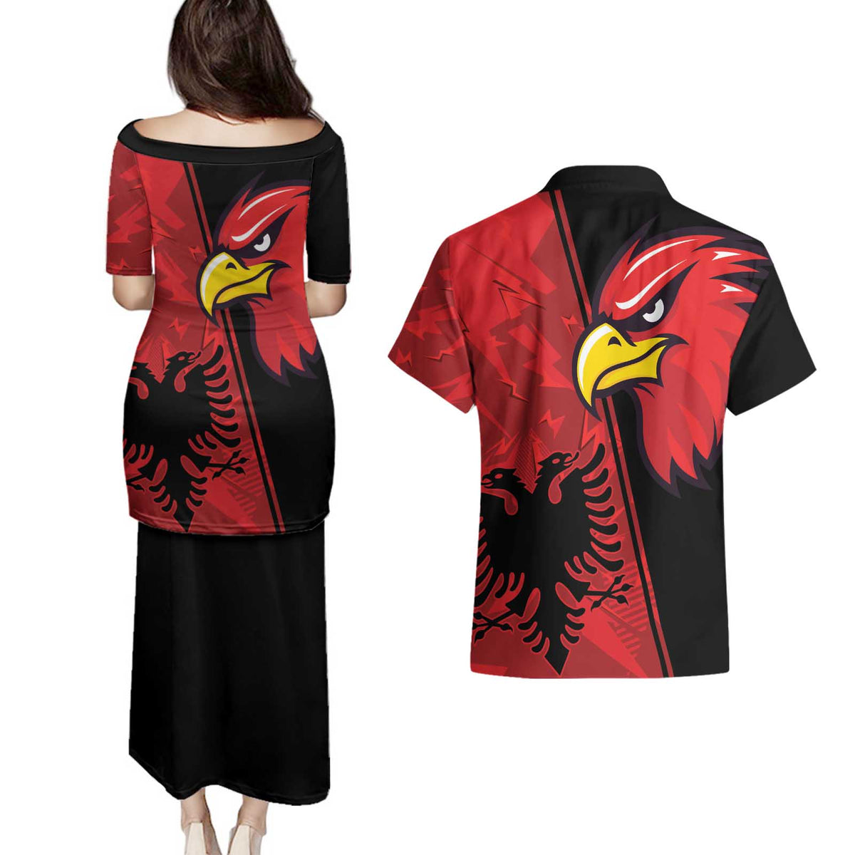 Albania Eagle Couples Matching Puletasi and Hawaiian Shirt National Emblem Grunge Pattern - Wonder Print Shop