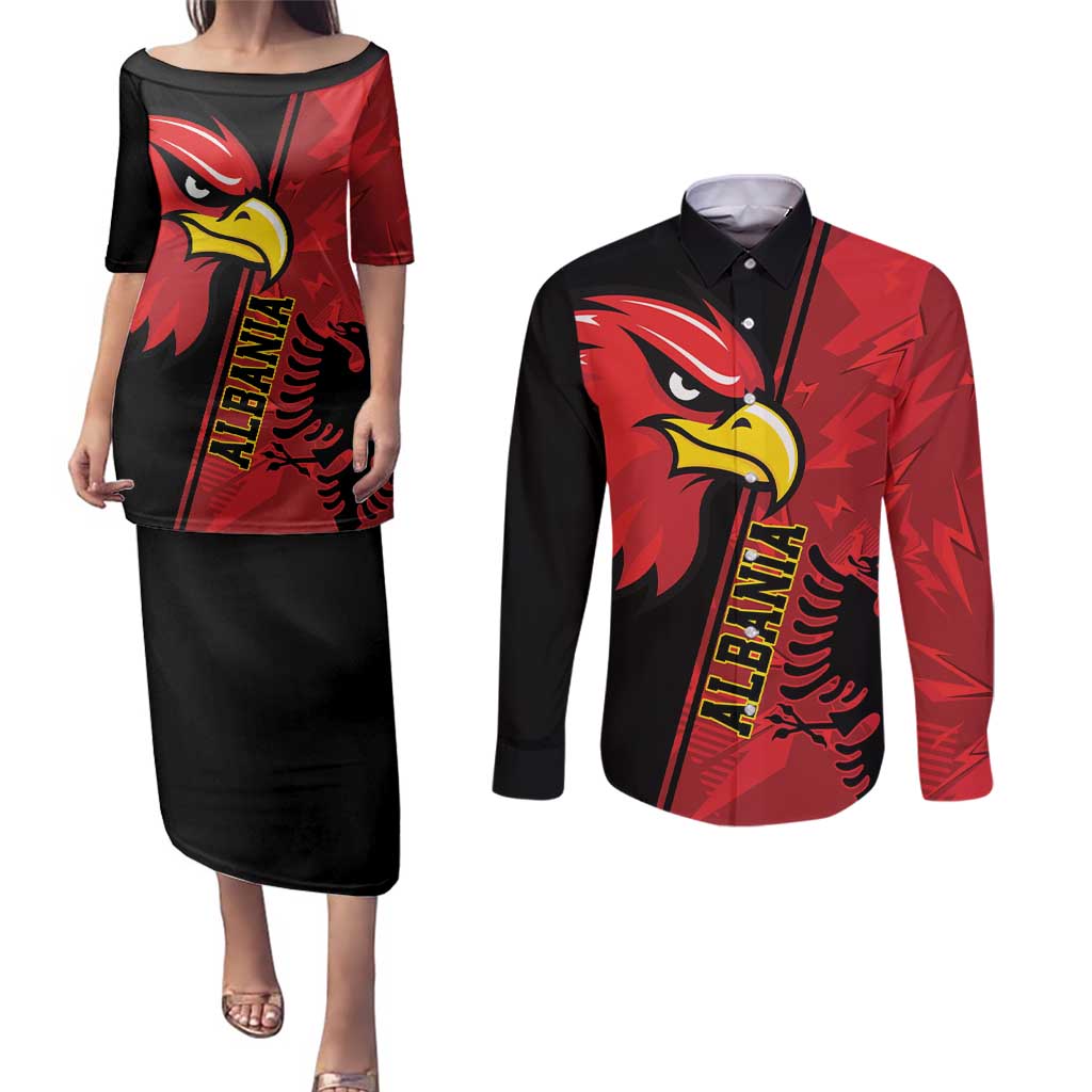 Albania Eagle Couples Matching Puletasi and Long Sleeve Button Shirt National Emblem Grunge Pattern - Wonder Print Shop