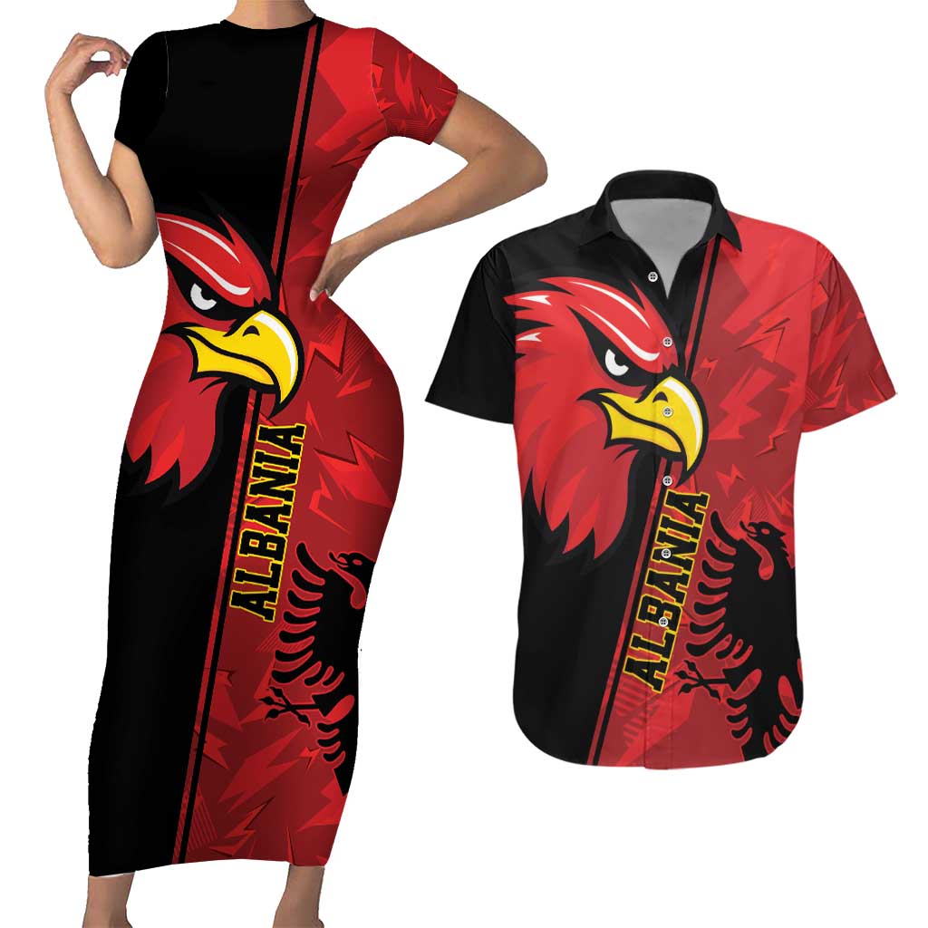 Albania Eagle Couples Matching Short Sleeve Bodycon Dress and Hawaiian Shirt National Emblem Grunge Pattern - Wonder Print Shop