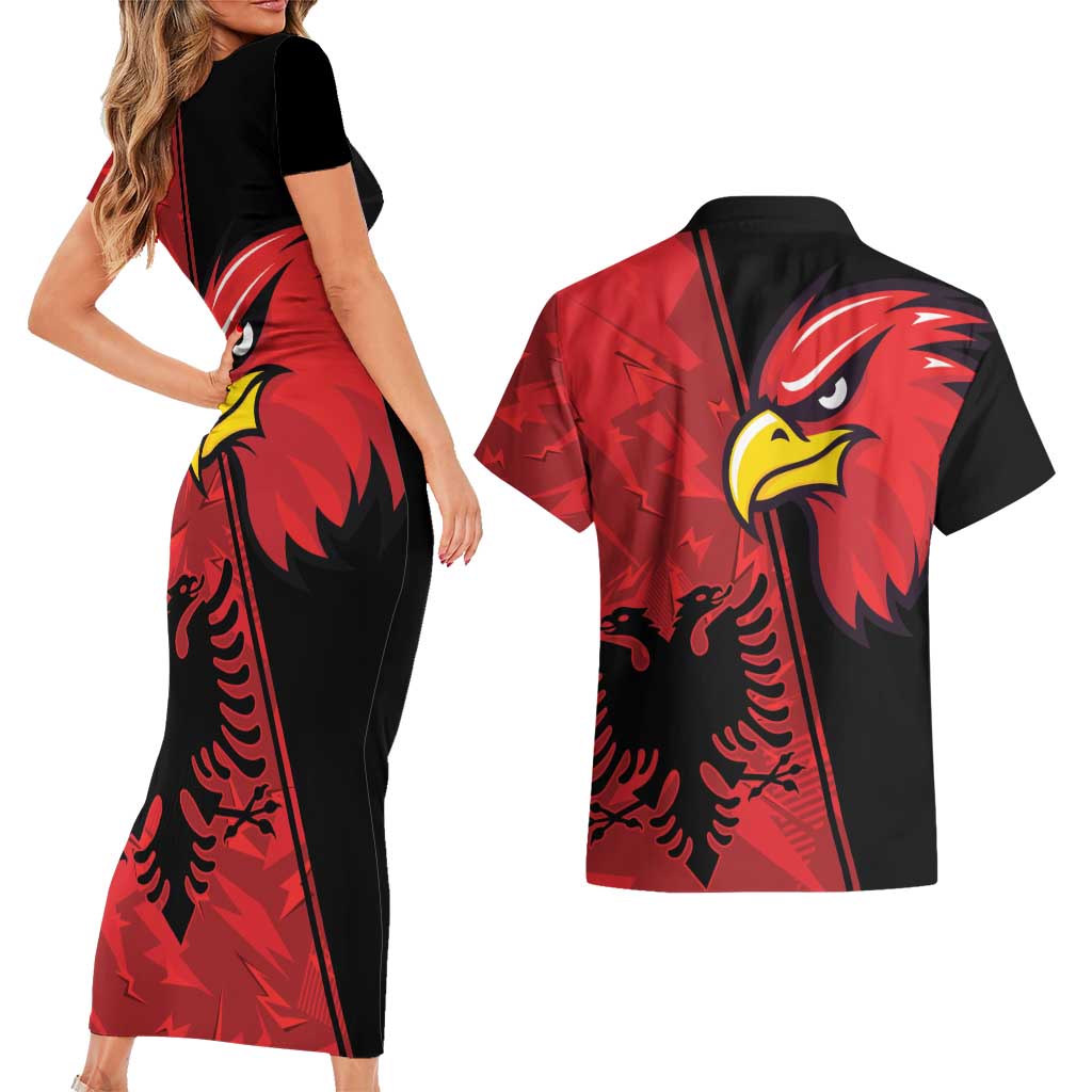 Albania Eagle Couples Matching Short Sleeve Bodycon Dress and Hawaiian Shirt National Emblem Grunge Pattern - Wonder Print Shop