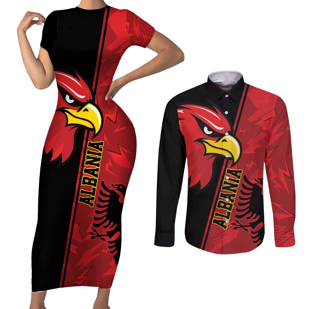 Albania Eagle Couples Matching Short Sleeve Bodycon Dress and Long Sleeve Button Shirt National Emblem Grunge Pattern - Wonder Print Shop