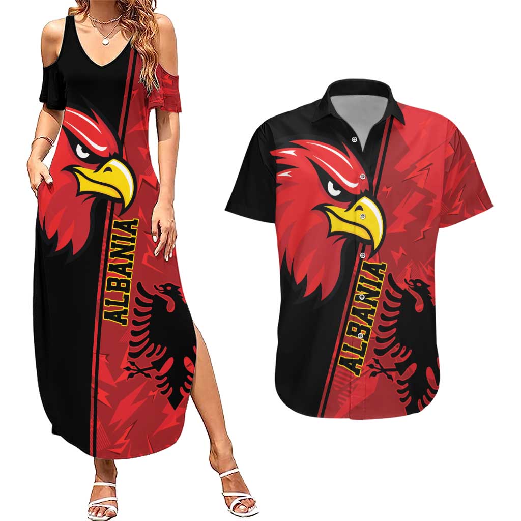 Albania Eagle Couples Matching Summer Maxi Dress and Hawaiian Shirt National Emblem Grunge Pattern - Wonder Print Shop