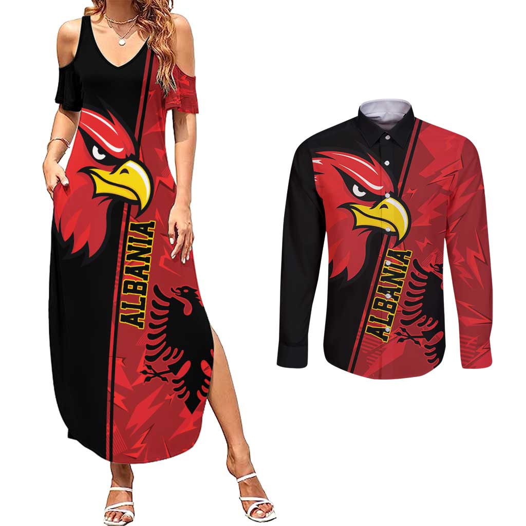 Albania Eagle Couples Matching Summer Maxi Dress and Long Sleeve Button Shirt National Emblem Grunge Pattern - Wonder Print Shop