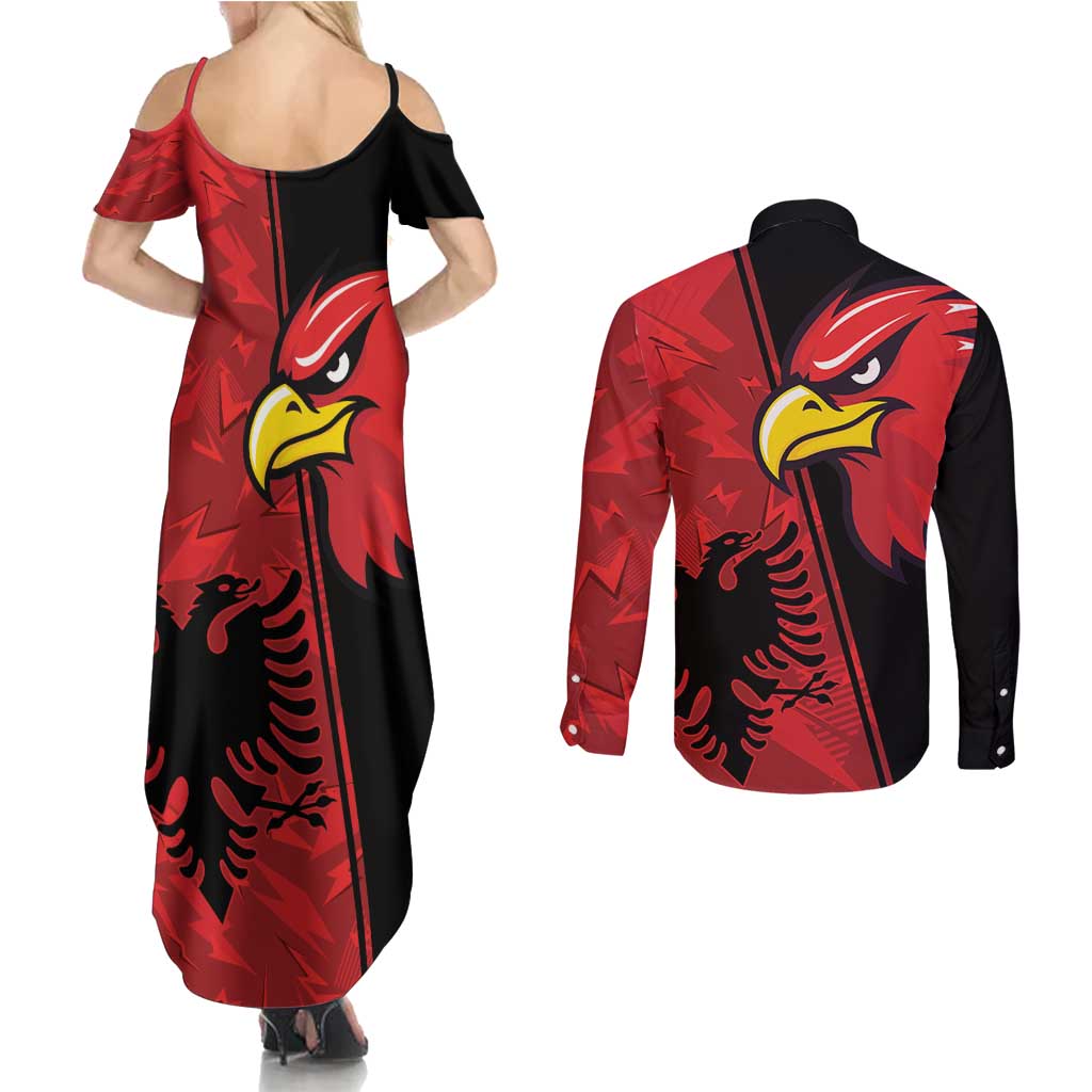 Albania Eagle Couples Matching Summer Maxi Dress and Long Sleeve Button Shirt National Emblem Grunge Pattern - Wonder Print Shop