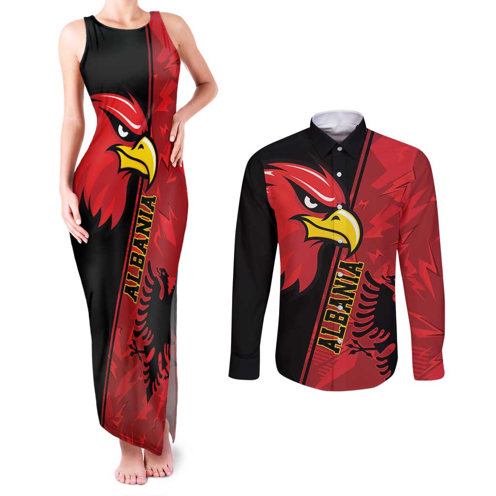 Albania Eagle Couples Matching Tank Maxi Dress and Long Sleeve Button Shirt National Emblem Grunge Pattern - Wonder Print Shop