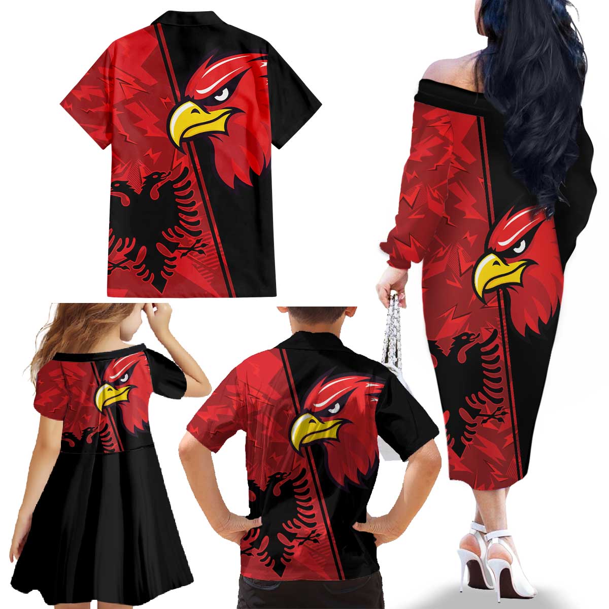 Albania Eagle Family Matching Off The Shoulder Long Sleeve Dress and Hawaiian Shirt National Emblem Grunge Pattern - Wonder Print Shop