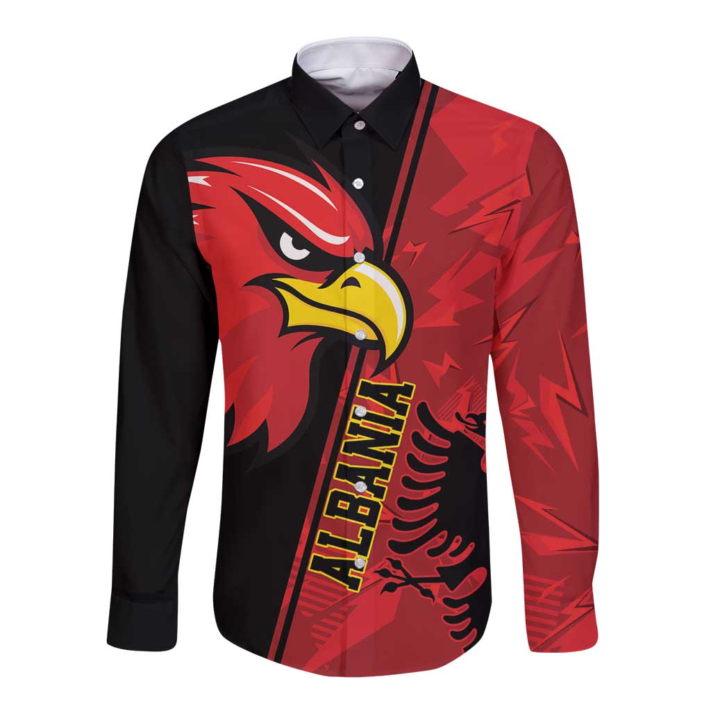 Albania Eagle Long Sleeve Button Shirt National Emblem Grunge Pattern - Wonder Print Shop