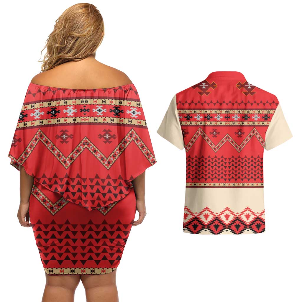 Folk Albanian Patterns Eagle Couples Matching Off Shoulder Short Dress and Hawaiian Shirt - Wonder Print Shop