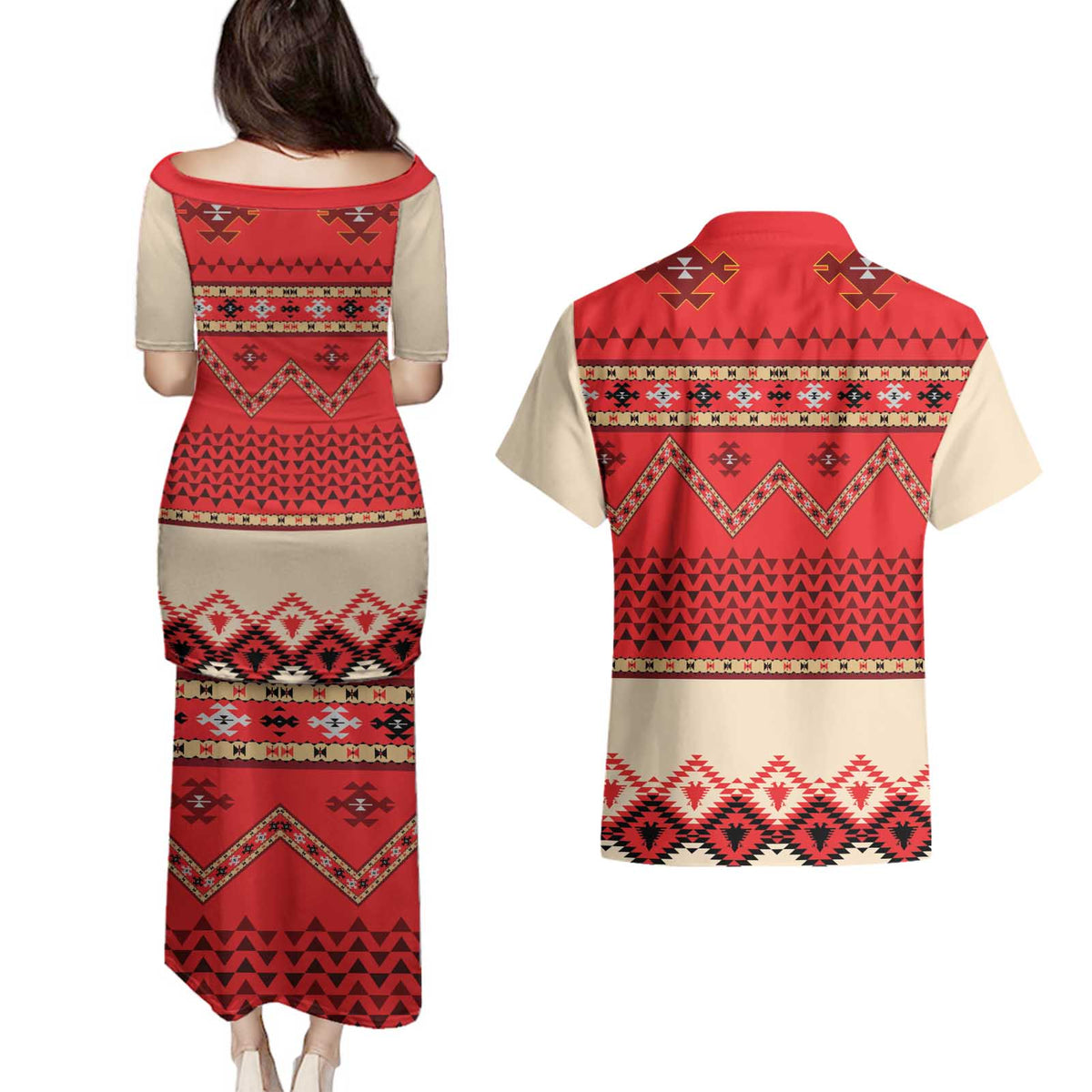 Folk Albanian Patterns Eagle Couples Matching Puletasi and Hawaiian Shirt - Wonder Print Shop