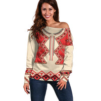 Folk Albanian Patterns Eagle Off Shoulder Sweater - Wonder Print Shop