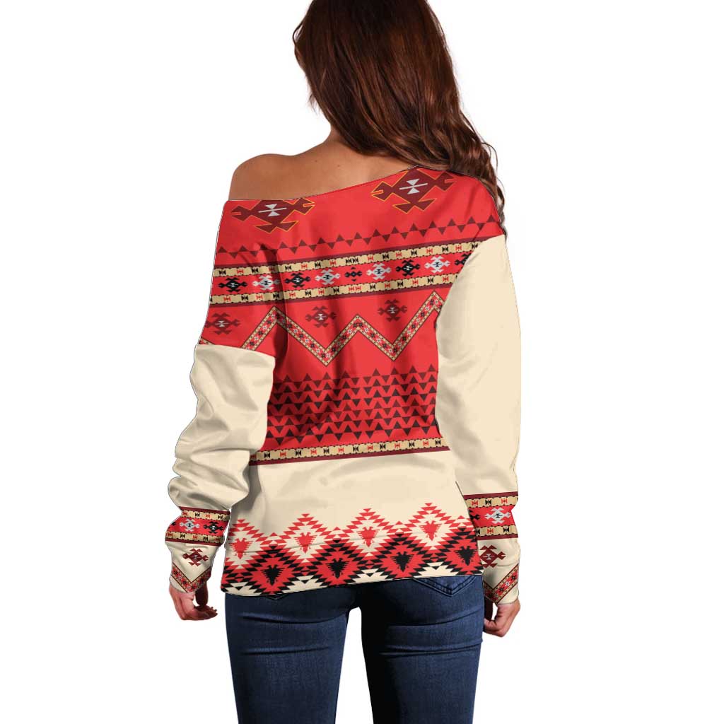 Folk Albanian Patterns Eagle Off Shoulder Sweater - Wonder Print Shop