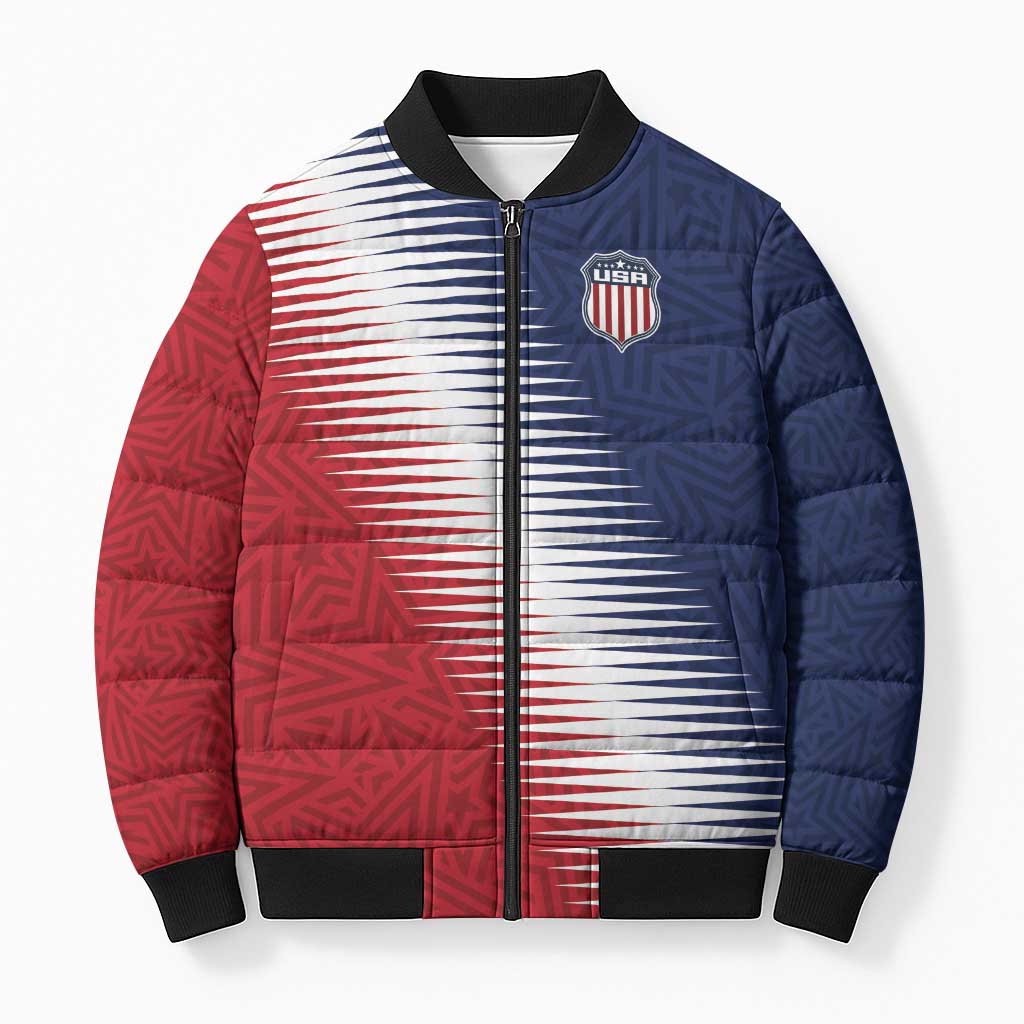 Custom USA Soccer Spirit Bomber Puffer Jacket Abstract Stars Style - Wonder Print Shop