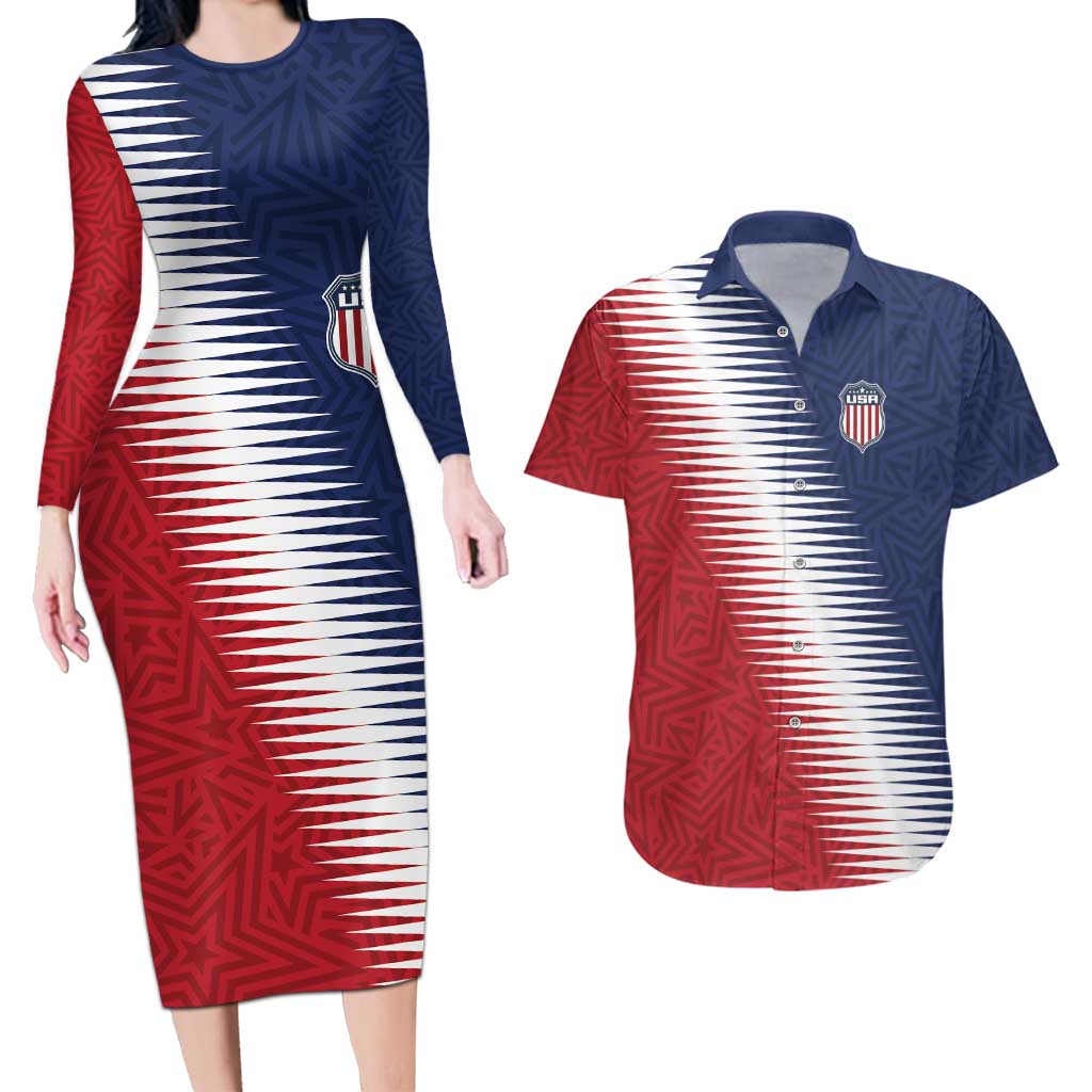 Custom USA Soccer Spirit Couples Matching Long Sleeve Bodycon Dress and Hawaiian Shirt Abstract Stars Style - Wonder Print Shop